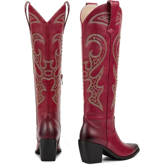 Wetkiss Red Cowboy Boots Women Knee High Rhinestone Western Tall Fashion Shoes - Picture 2 of 6